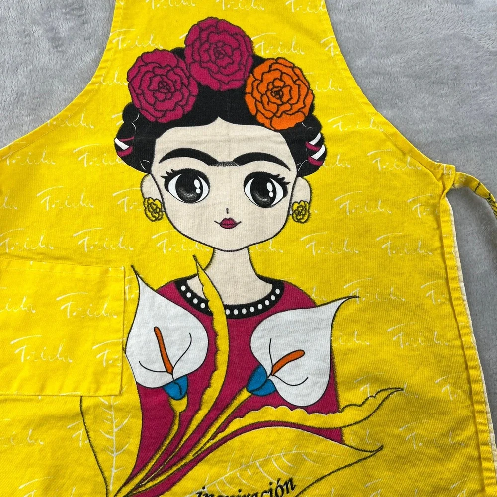 Frida Kahlo Graphic Print Bib Apron OS Yellow Women Artistic Boho Kitchen Gift